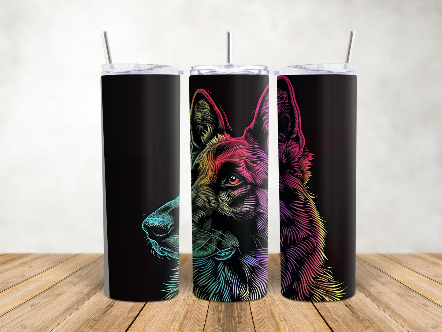 Vibrant Rainbow Line Art German Shepherd 20oz Skinny Tumbler for Dog Lovers