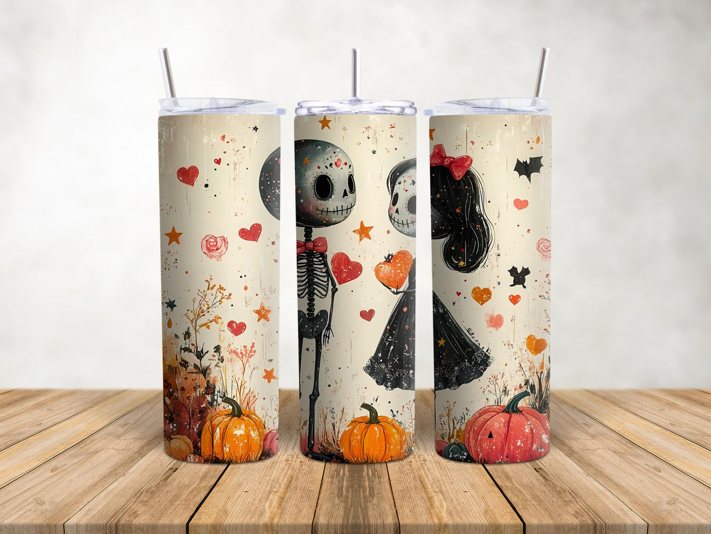 Romantic Halloween Skeletons Tumbler with Straw - Love-Themed Spooky Couple Gift for Fall