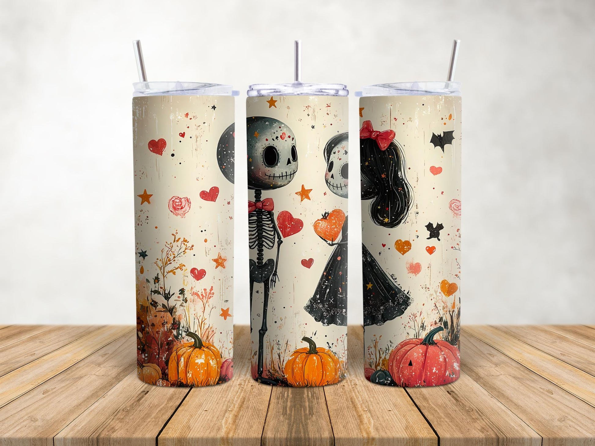 Romantic Halloween Skeletons Tumbler with Straw - Love-Themed Spooky Couple Gift for Fall
