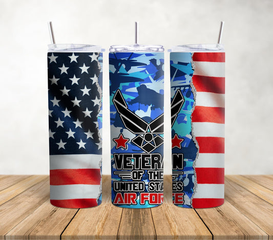 Patriotic 20oz Skinny Tumbler for Air Force Veterans, Proud Military Gift, USA Design