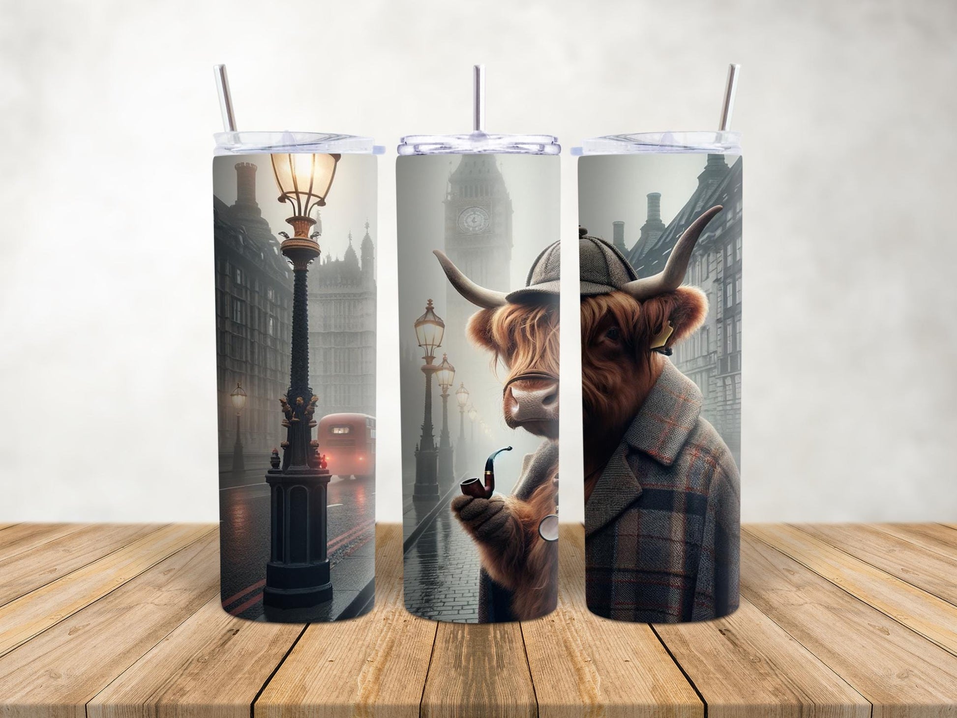 Highland Cow Sherlock Holmes 20oz Tumbler, Animal Lover Gift, Whimsical Cow Art