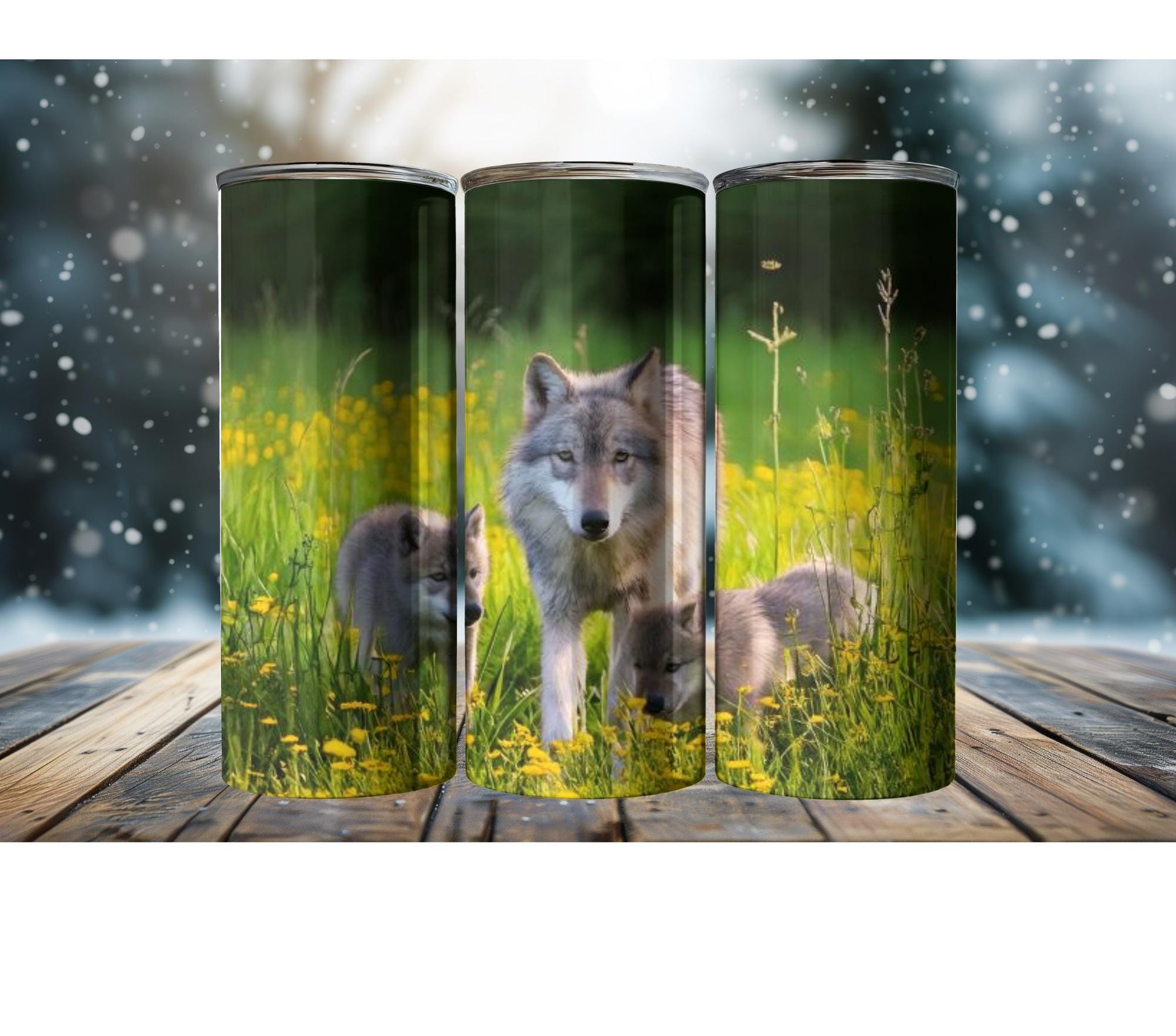 Wolf and Pups in Wildflowers Tumbler | Wildlife Drinkware for Animal Lovers & Nature Enthusiasts