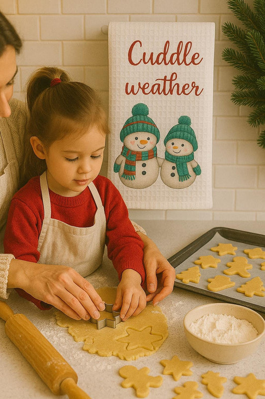 Cuddle Weather Snowman Tea Towel, Christmas Kitchen Decor, Holiday Sassy Towel, Winter Baking Gift, Optional Personalization