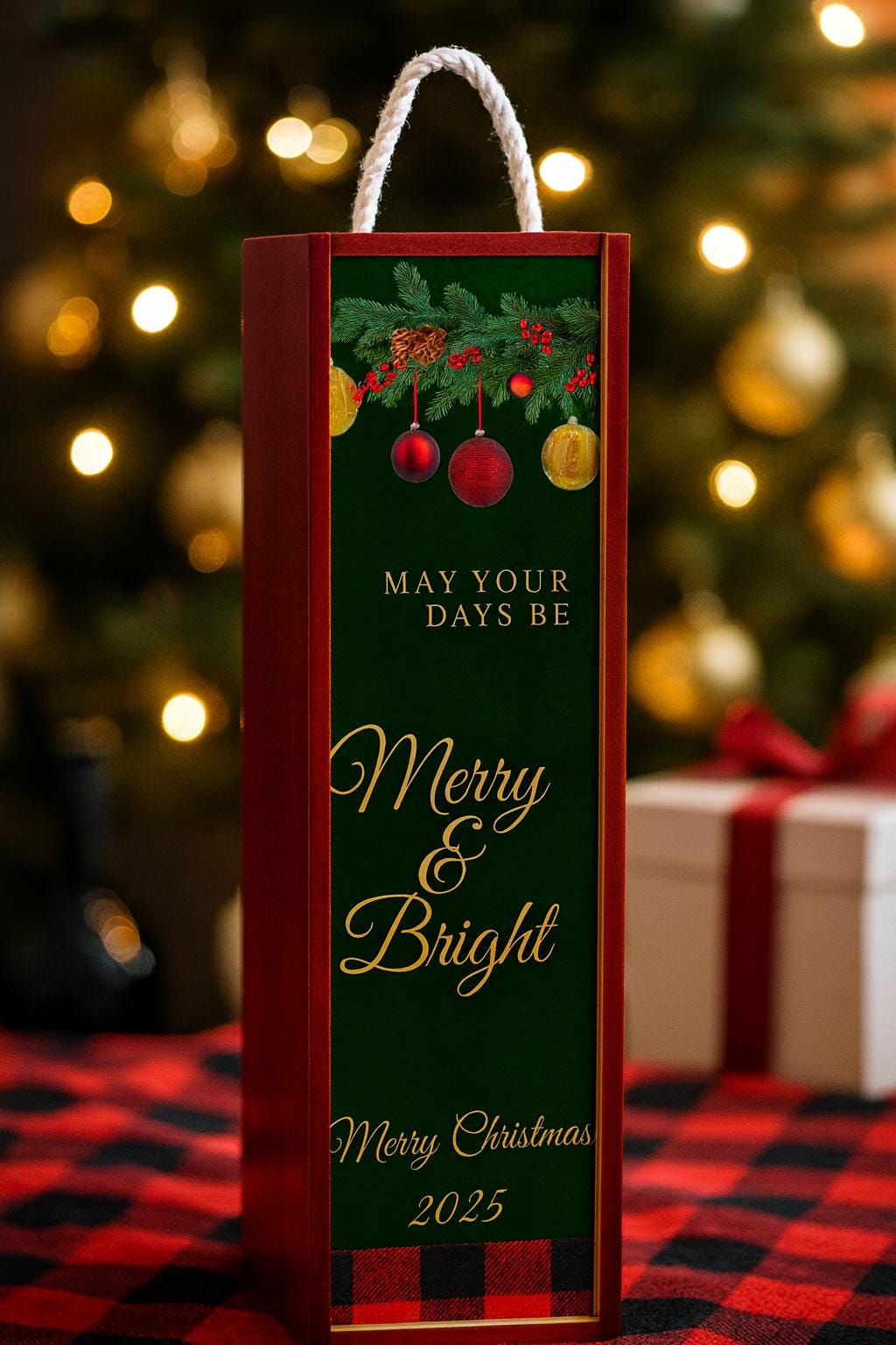 Christmas Wine Box Gift | Merry & Bright Wine Bottle Box | Holiday Hostess Gift | Custom Sublimation Panel | Rustic Christmas Decor 2025
