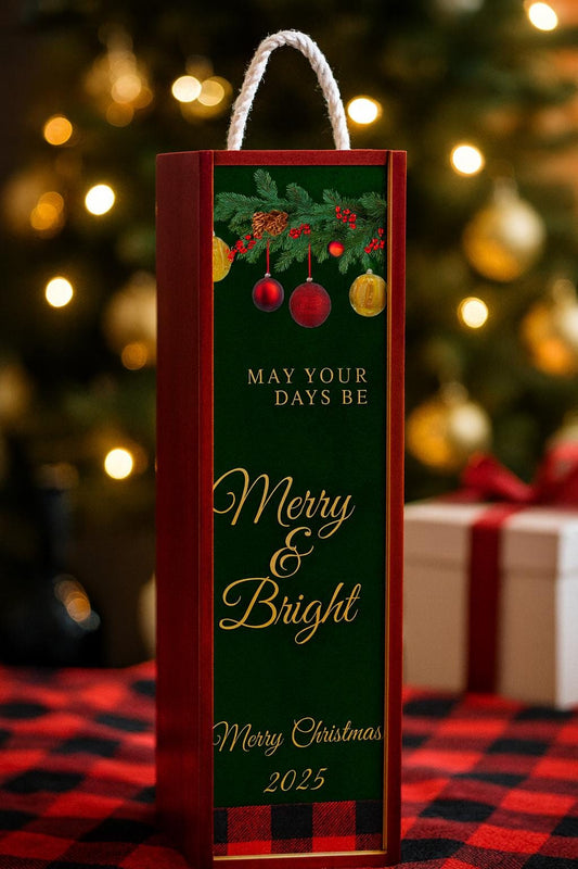 Christmas Wine Box Gift | Merry & Bright Wine Bottle Box | Holiday Hostess Gift | Custom Sublimation Panel | Rustic Christmas Decor 2025