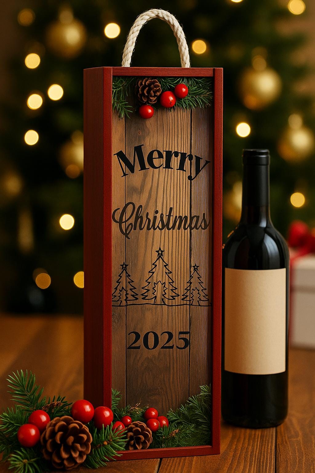 A Luxury Merry Christmas 2025 Wooden Wine Gift Box – Rustic Holiday Wine Carrier  – Keepsake Holiday Gift Box (No Wine Included)
