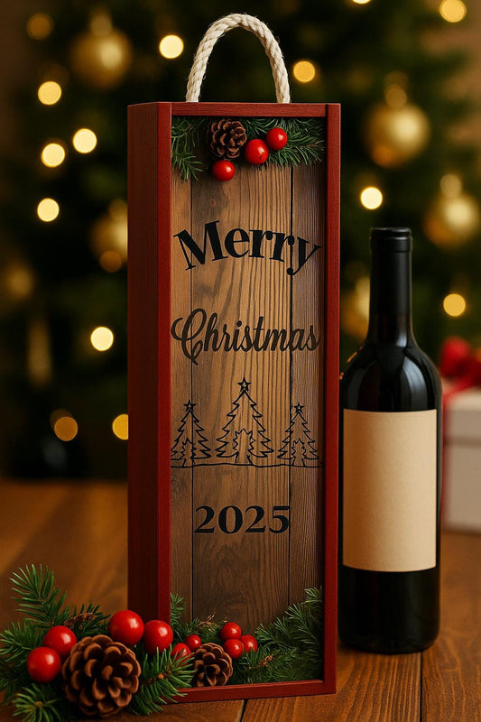 A Luxury Merry Christmas 2025 Wooden Wine Gift Box – Rustic Holiday Wine Carrier  – Keepsake Holiday Gift Box (No Wine Included)