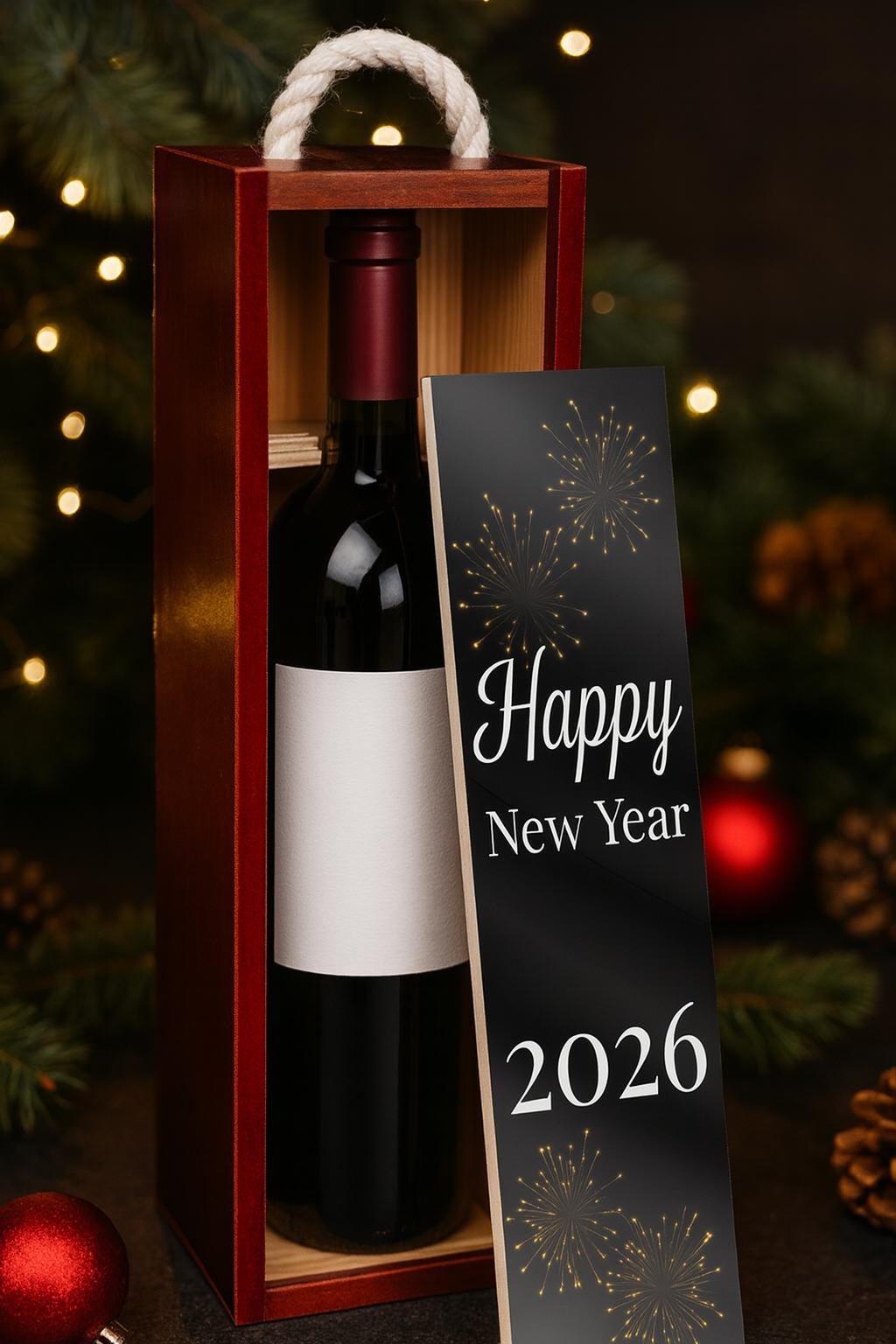 2026 Happy New Year Wine Box – Wooden Wine Gift Box with Sublimated Panel, Holiday Hostess Gift, New Year Party Gift Box (No Wine)