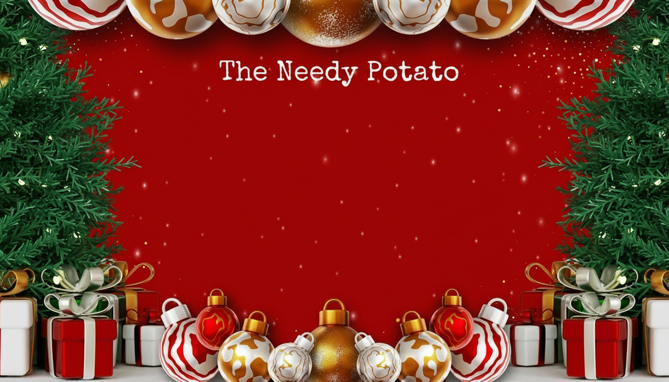 Decorative Christmas scene with trees, ornaments, and presents on a red background with 'The Needy Potato' text.